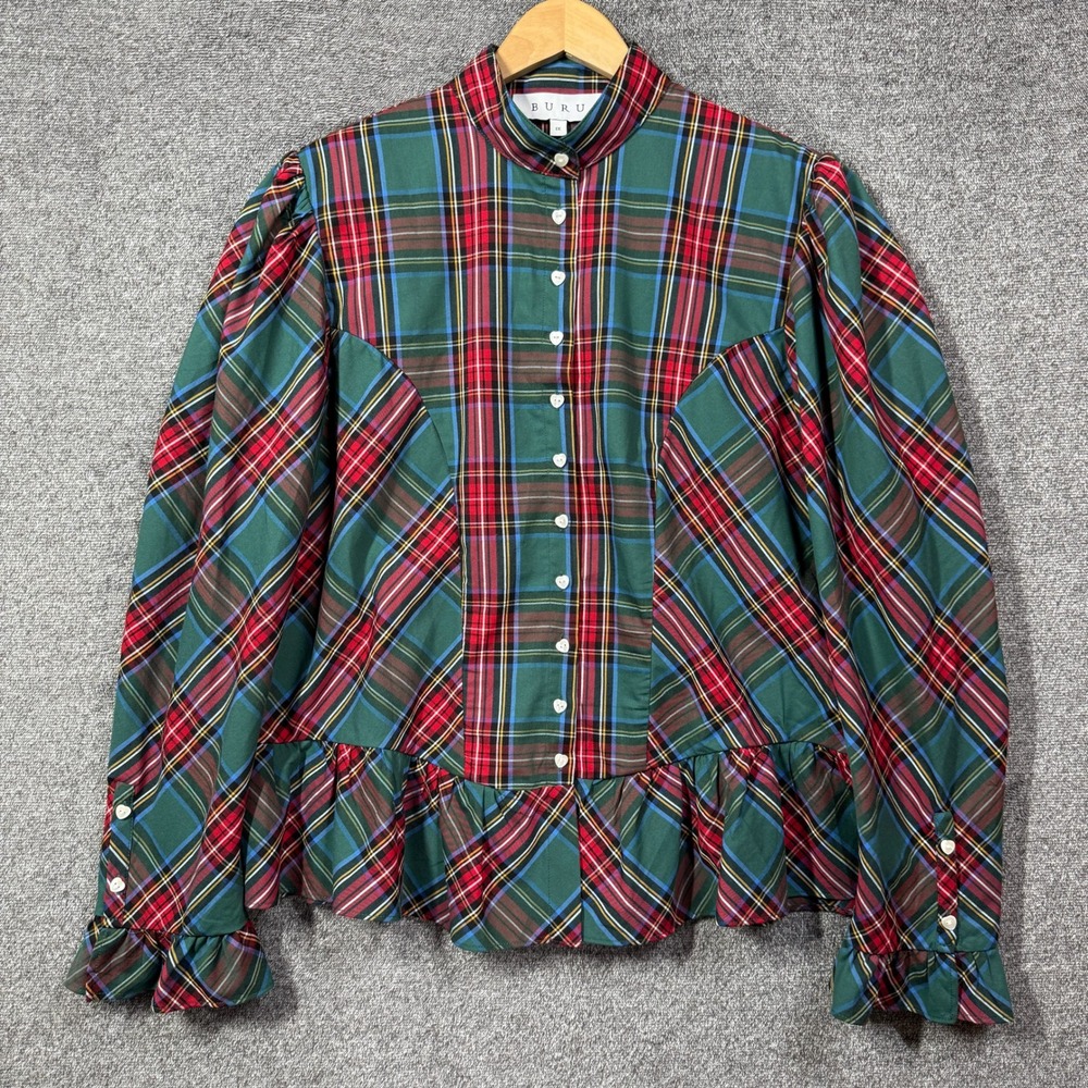 BURU Blouse Womens 1X Green Red Plaid Mock Neck Peplum Heart Buttons
